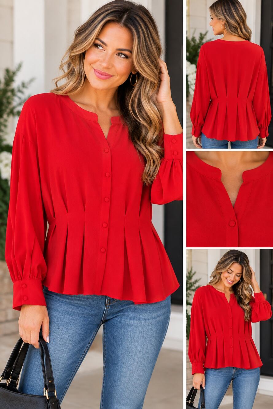 EXPRESS Red Pleated Peplum Blouse Size M Long Sleeve Button Front